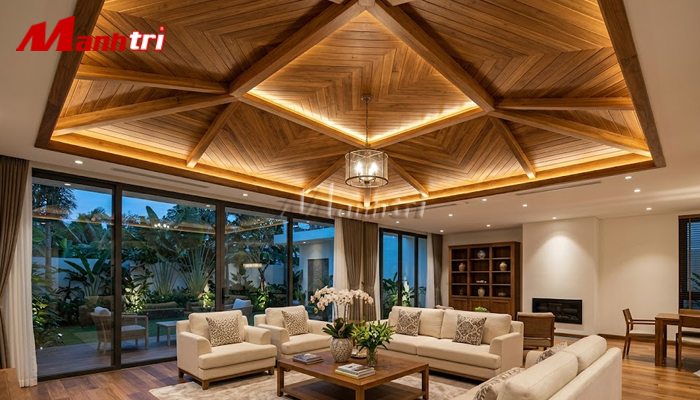 Trần nhựa vân gỗ thi công cho showroom