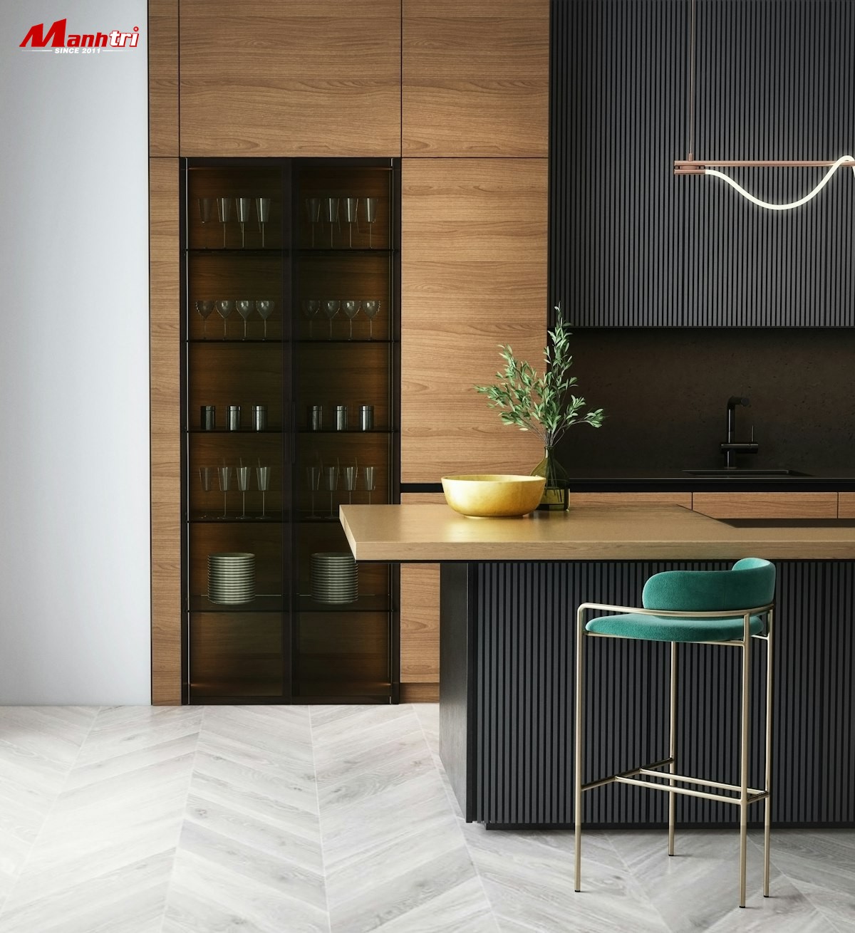 Gạch giả gỗ lát xương cá quán cafe sang trọng