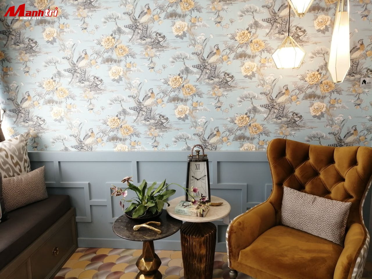 Giấy dán tường Hàn Quốc họa tiết chim hoa xanh cho phòng khách